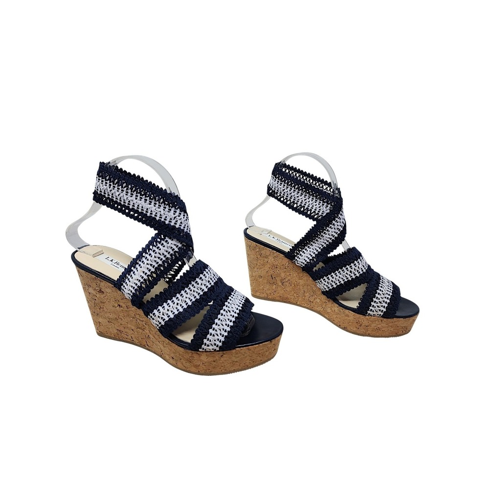 LK Bennett Cork Wedge Sandals 38 7 Womens Navy Blue White Striped Crochet Spain